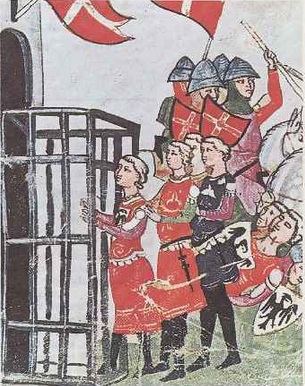Enzo imprisoned in Bologna, from a medieval ms Enzo imprisoned in Bologna, from a medieval ms