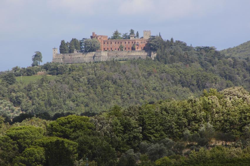 Panorama of the Castle Castello di Brolio, Madonna del Brolio, San Regolo, Comune of Gaiole in Chianti, Province of Siena, Tuscany, Italy