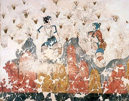 Fresco of saffron gatherers from the bronze age excavations in Akrotiri on the greek island of Santorini, Greece.