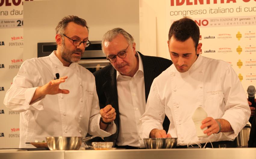 Chef Alain Ducasse at Congresso Italiano di Cucina D'autore 2010 with Massimo Bottura (left)