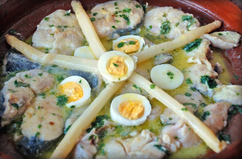 Cuisine of the Basque Country. Koskera hake fish (green sauce or Basque recipe).