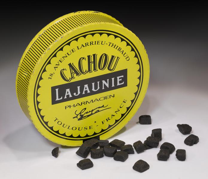 The Cachou Lajaunie is a small square patch of black licorice sold in a metal box in yellow and round. It exists since 1880 in Toulouse. More than ten million boxes are sold each year.