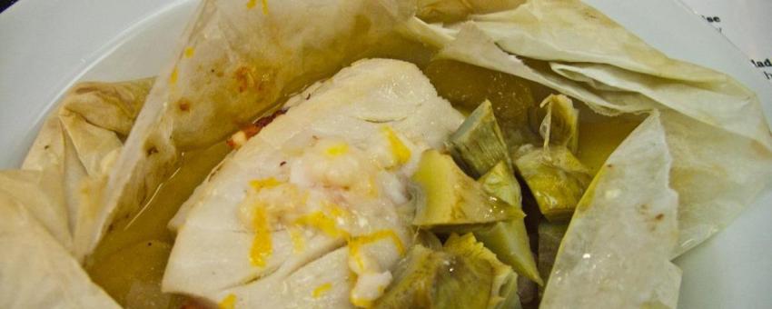 Sustainable Black Cod en papillote w/ lobster, baby artichokes, new potato &amp; cascade hop oil