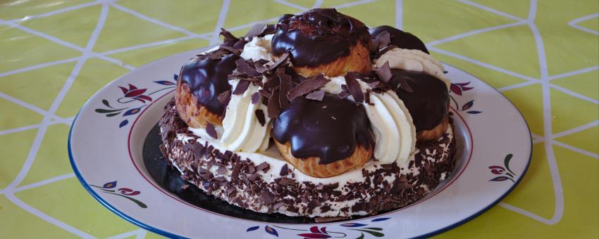 St. Honoré cake with chocolate from "Au Croquant" bakery in Belgium