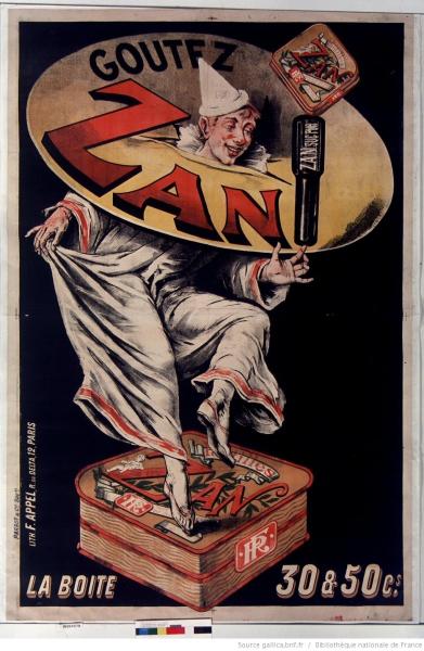 Affiche publicitaire lithographiée pour les produits à base de réglisse de la marque Zan. Imprimé à Paris chez Lith. F. Appel. Format : 148 x 100 cm.