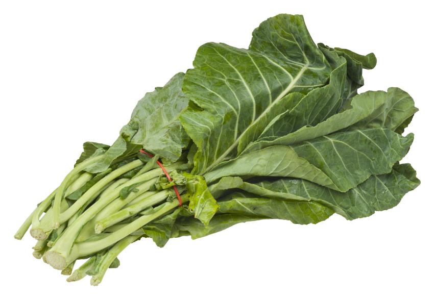 A bundle of collard greens, from an organic food co-op.