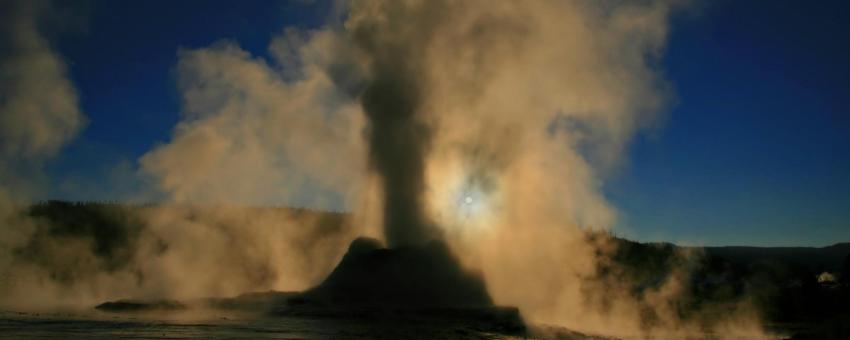 Steam phase eruption of Castle Geyser in  Yellowstone National Park