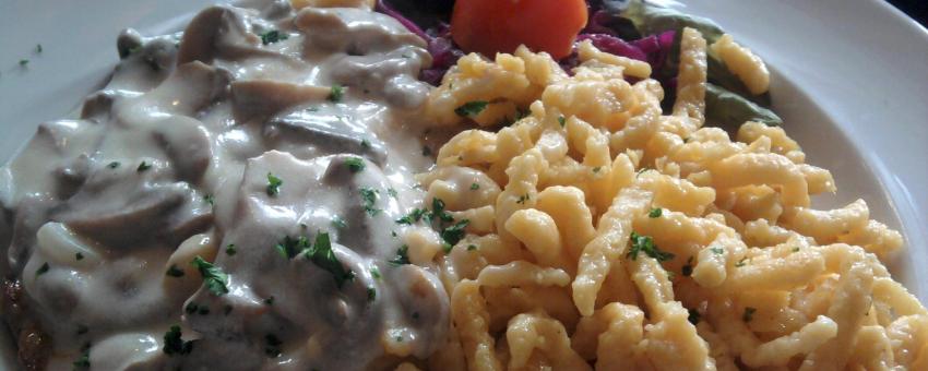 Jägerschnitzel: "Hunter's schnitzel" in one of the Heidelberg restaurant, Germany.