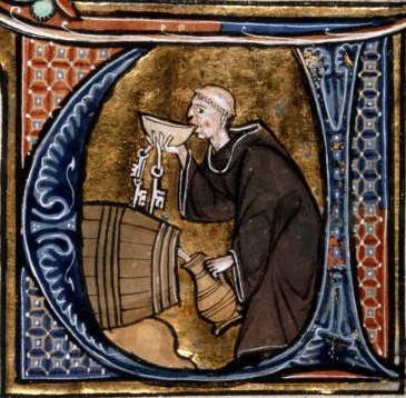 Monk tasting wine from a barrel
