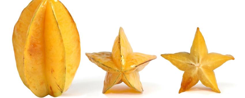 Ripe Carambolas, also known as starfruit, the fruit of Averrhoa carambola tree: vertical, side and cross section profiles. The fruit in cross section is a five-pointed star, hence its name.