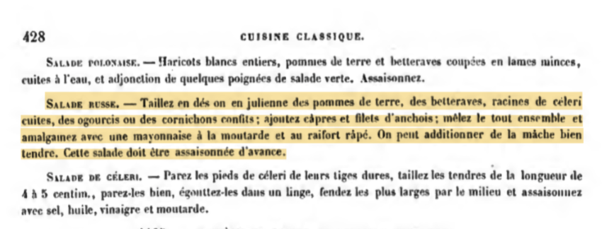 Recipe of “Russian salad” published in “Cuisine classique” by Urbain Dubois and Émile Bernard