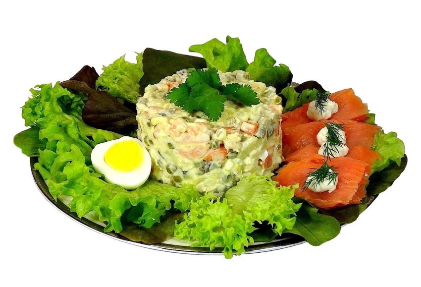 Russian Salad Olivier served with salmon and lettuce wraps