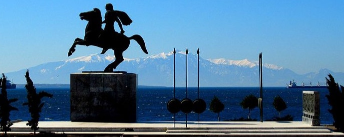 Thessaloniki: statue of Alexander and Mt Olympus