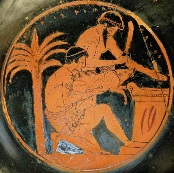 Sacrifice of a young boar, with kalos inscription (ΕΠΙΔΡΟΜΟΣ ΚΑΛΟΣ). Tondo from an Attic red-figure cup, ca. 510 BC–500 BC.