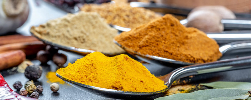 Natural spices: turmeric, ginger, pepper, mustard, barberry, garlic and pepper