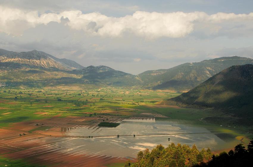 Karst Field (polje) in 700m, 15km long, before 1900 a lake for long periods (see residuals of lake banks), Northeast Peloponnese.