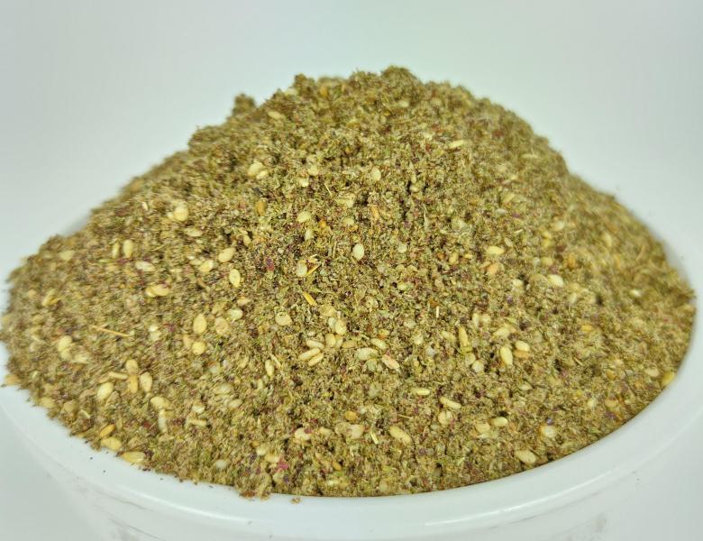 Closeup image of za'atar, a blend of hyssop (Origanum syriacum, sumac, sesame seeds, and salt Closeup image of za'atar, a blend of hyssop (Origanum syriacum, sumac, sesame seeds, and salt
