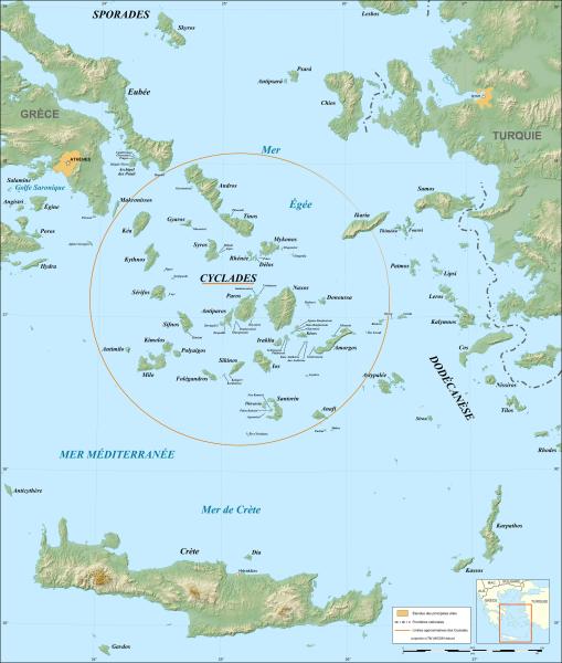 Map in French of the Cyclades islands, Greece.