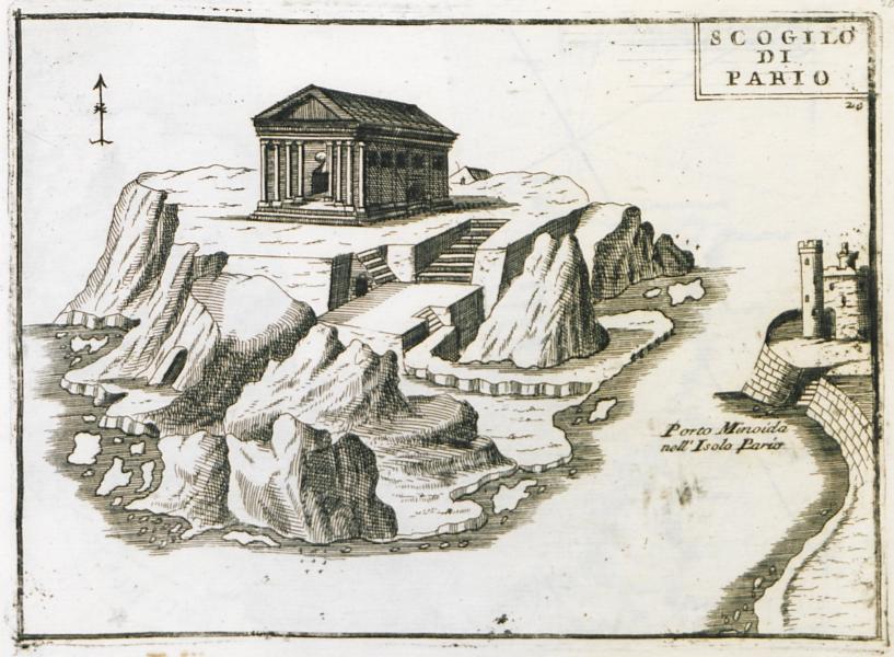 Imaginary depiction of the temple of Apollo in ancient Prepesinthos, in Despotiko Antiparos.