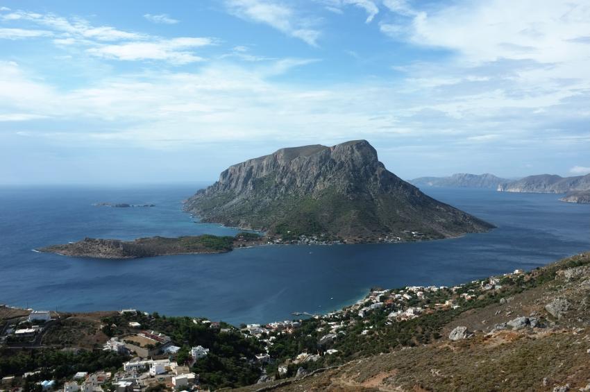 Telendos with Myrties in the front seen from rock above Kamari (Kalymnos)