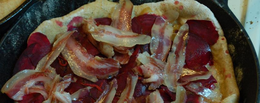 Guanciale and beets on pizza Guanciale and beets on pizza