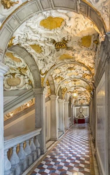 Scuola Grande dei Carmini, in Venice, the three stairs and the corridor; on a drawing of Baldassare Longhena. The gypseries are the work of Alvise Bassi and date from 1729.